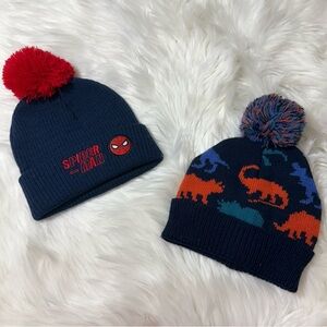 Youth Boy Navy Spider-Man and Dinosaur Knit Beanie Bundle